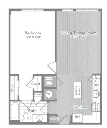 Floor plan for 1 bed, 1 bath, 760 sqft
